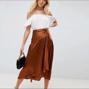 Bronze/Rust Midi Wrap Satin Skirt